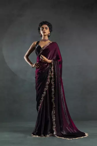 Wine Embroidered Fendi Satin Silk Two Tone Saree with Blouse