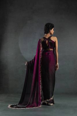 Wine Embroidered Fendi Satin Silk Two Tone Saree with Blouse 4