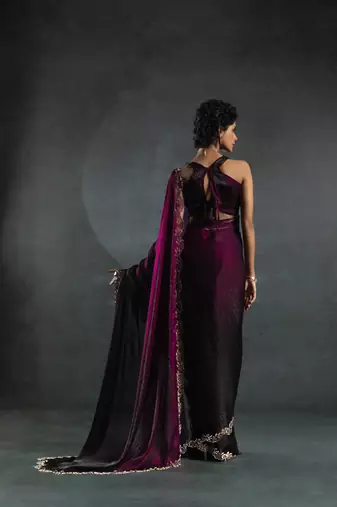 Wine Embroidered Fendi Satin Silk Two Tone Saree with Blouse