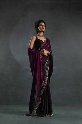 Wine Embroidered Fendi Satin Silk Two Tone Saree with Blouse 5