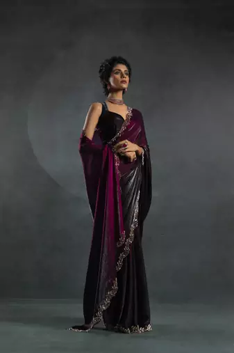 Wine Embroidered Fendi Satin Silk Two Tone Saree with Blouse