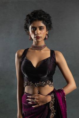 Wine Embroidered Fendi Satin Silk Two Tone Saree with Blouse 6