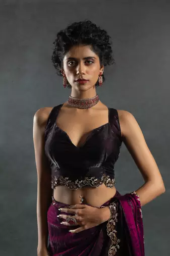 Wine Embroidered Fendi Satin Silk Two Tone Saree with Blouse