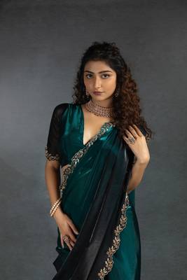 Turquoise Embroidered Fendi Satin Silk Two Tone Saree with Blouse 1