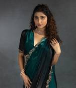 Turquoise Embroidered Fendi Satin Silk Two Tone Saree with Blouse
