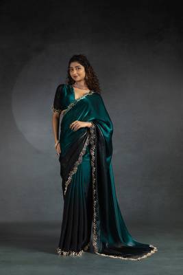 Turquoise Embroidered Fendi Satin Silk Two Tone Saree with Blouse 3