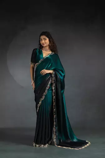 Turquoise Embroidered Fendi Satin Silk Two Tone Saree with Blouse