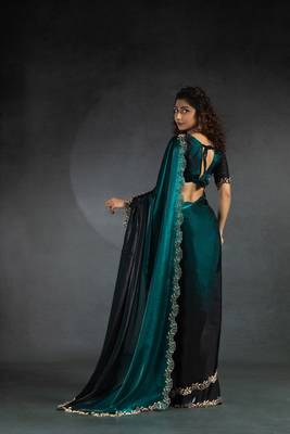 Turquoise Embroidered Fendi Satin Silk Two Tone Saree with Blouse 4