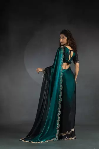 Turquoise Embroidered Fendi Satin Silk Two Tone Saree with Blouse
