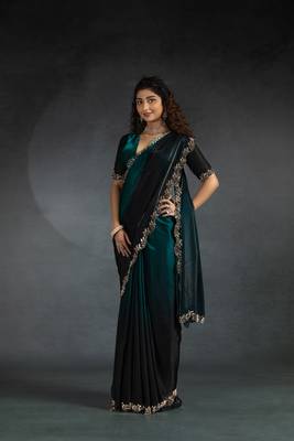 Turquoise Embroidered Fendi Satin Silk Two Tone Saree with Blouse 5