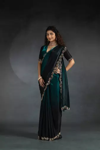Turquoise Embroidered Fendi Satin Silk Two Tone Saree with Blouse