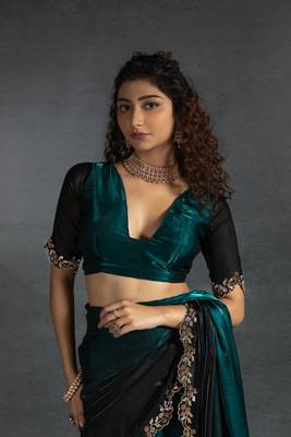 Turquoise Embroidered Fendi Satin Silk Two Tone Saree with Blouse 6