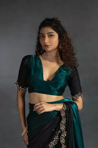 Turquoise Embroidered Fendi Satin Silk Two Tone Saree with Blouse