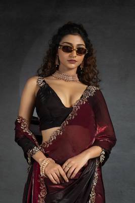 Maroon Embroidered Fendi Satin Silk Two Tone Saree with Blouse 1