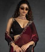 Maroon Embroidered Fendi Satin Silk Two Tone Saree with Blouse