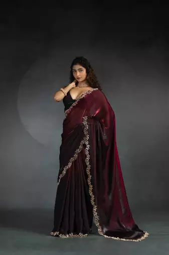 Maroon Embroidered Fendi Satin Silk Two Tone Saree with Blouse