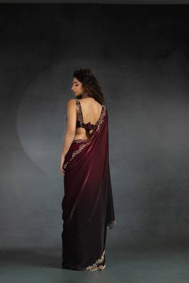 Maroon Embroidered Fendi Satin Silk Two Tone Saree with Blouse 4