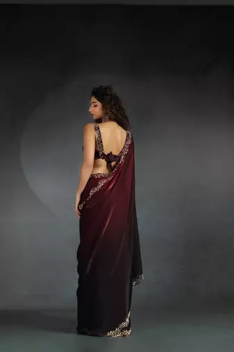Maroon Embroidered Fendi Satin Silk Two Tone Saree with Blouse