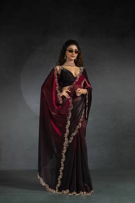Maroon Embroidered Fendi Satin Silk Two Tone Saree with Blouse 5