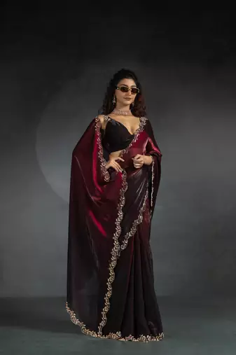 Maroon Embroidered Fendi Satin Silk Two Tone Saree with Blouse