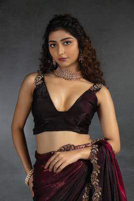 Maroon Embroidered Fendi Satin Silk Two Tone Saree with Blouse 6