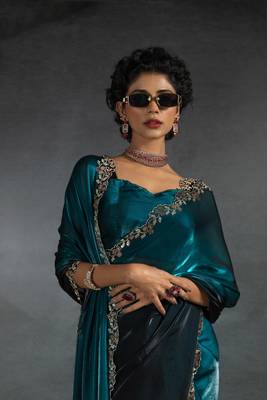 Turquoise Embroidered Fendi Satin Silk Two Tone Saree with Blouse 1