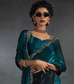 Turquoise Embroidered Fendi Satin Silk Two Tone Saree with Blouse