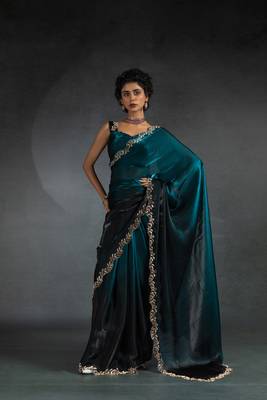 Turquoise Embroidered Fendi Satin Silk Two Tone Saree with Blouse 3