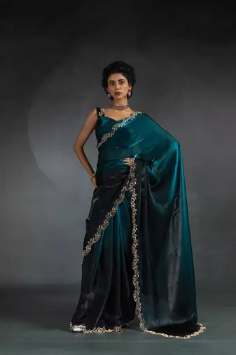 Turquoise Embroidered Fendi Satin Silk Two Tone Saree with Blouse