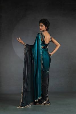 Turquoise Embroidered Fendi Satin Silk Two Tone Saree with Blouse 4