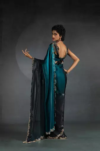 Turquoise Embroidered Fendi Satin Silk Two Tone Saree with Blouse