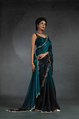 Turquoise Embroidered Fendi Satin Silk Two Tone Saree with Blouse 5