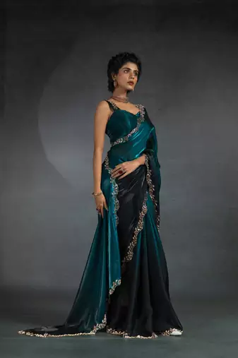 Turquoise Embroidered Fendi Satin Silk Two Tone Saree with Blouse