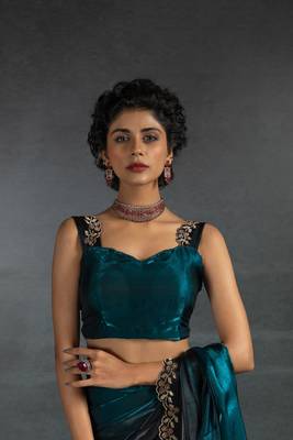 Turquoise Embroidered Fendi Satin Silk Two Tone Saree with Blouse 6