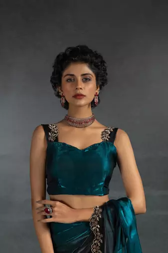 Turquoise Embroidered Fendi Satin Silk Two Tone Saree with Blouse