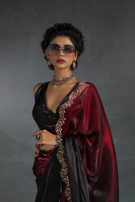 Cherry Red Embroidered Fendi Satin Silk Two Tone Saree with Blouse 1