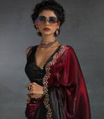 Cherry Red Embroidered Fendi Satin Silk Two Tone Saree with Blouse