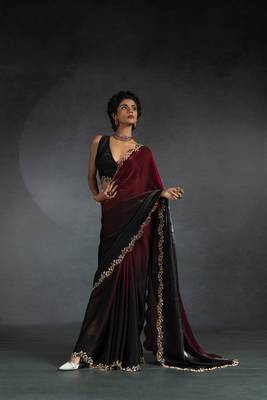 Cherry Red Embroidered Fendi Satin Silk Two Tone Saree with Blouse 3