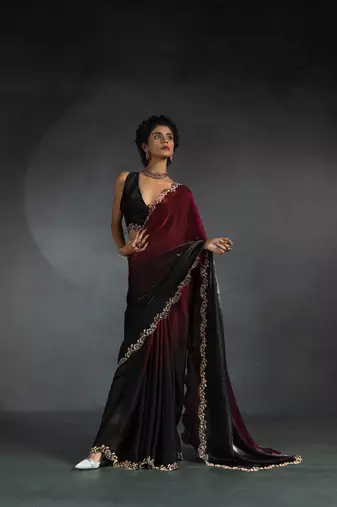 Cherry Red Embroidered Fendi Satin Silk Two Tone Saree with Blouse