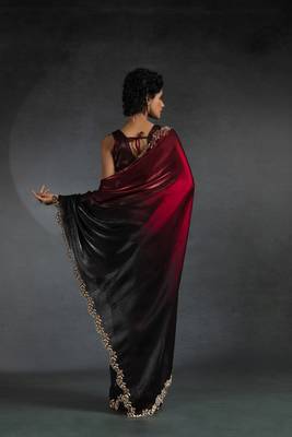 Cherry Red Embroidered Fendi Satin Silk Two Tone Saree with Blouse 4