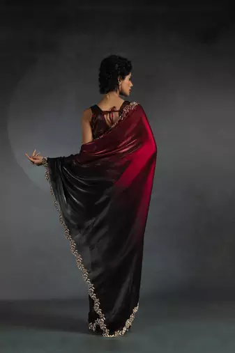 Cherry Red Embroidered Fendi Satin Silk Two Tone Saree with Blouse