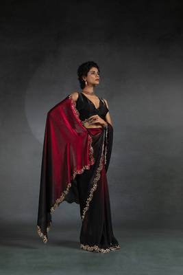 Cherry Red Embroidered Fendi Satin Silk Two Tone Saree with Blouse 5