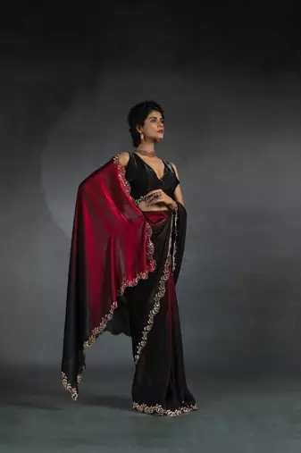 Cherry Red Embroidered Fendi Satin Silk Two Tone Saree with Blouse