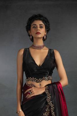 Cherry Red Embroidered Fendi Satin Silk Two Tone Saree with Blouse 6
