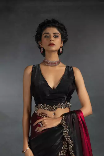 Cherry Red Embroidered Fendi Satin Silk Two Tone Saree with Blouse