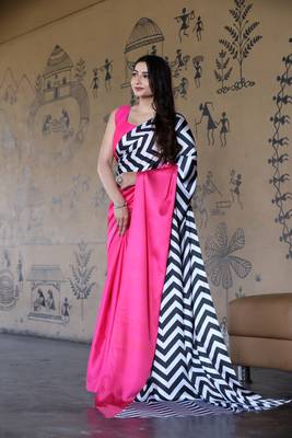 Pink Printed Satin Saree with Blouse Piece 1