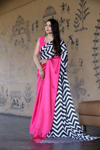 Pink Printed Satin Saree with Blouse Piece