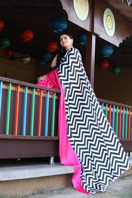 Pink Printed Satin Saree with Blouse Piece 2