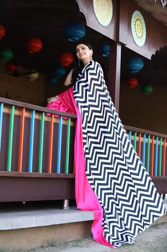 Pink Printed Satin Saree with Blouse Piece