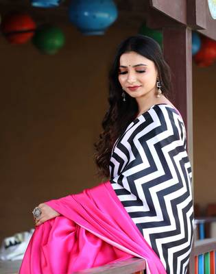 Pink Printed Satin Saree with Blouse Piece 4